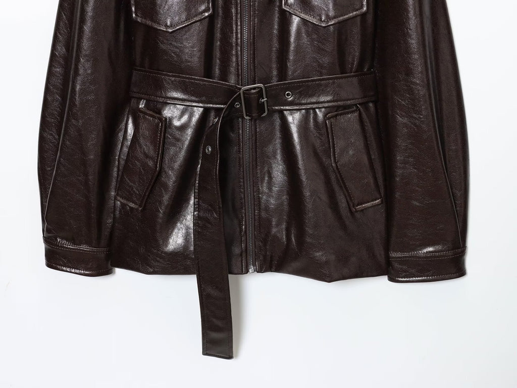 Women's with Belt Fur Faux Leather effect jacket Coat