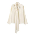 Women's new fashion ribbon decoration long sleeved V-neck draped shirt
