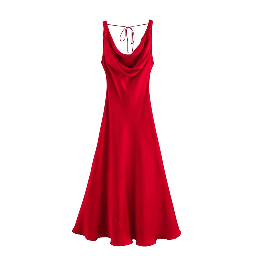 Women's new Fashion pleated decoration sexy slim fit satin texture backless Midi dress retro sleeveless lace up women's dress Mujer