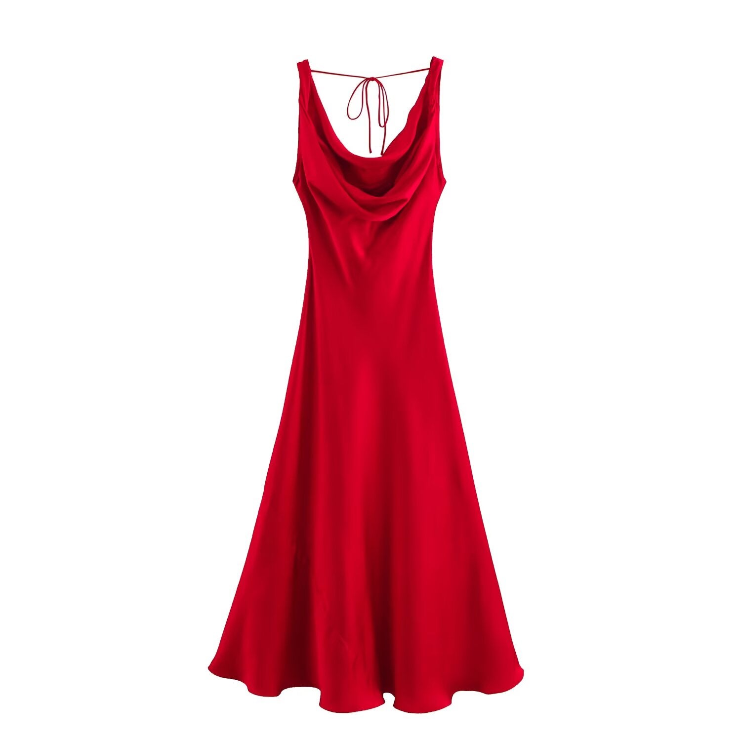 Women's new Fashion pleated decoration sexy slim fit satin texture backless Midi dress retro sleeveless lace up women's dress Mujer