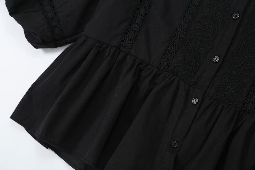 Women's hollowed out embroidered balloon sleeve shirt