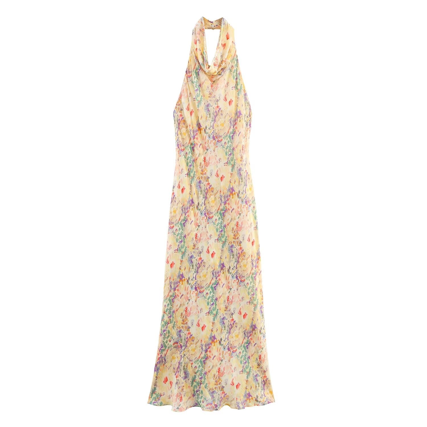 Women's new fashion flower print sleeveless hanging neck Midi Dress