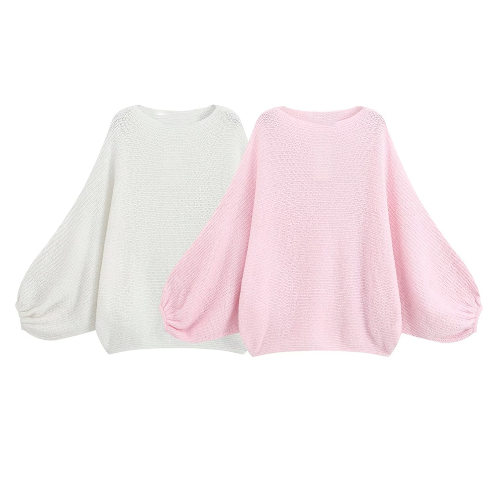 Women's pleated cuffs soft texture knitted sweater
