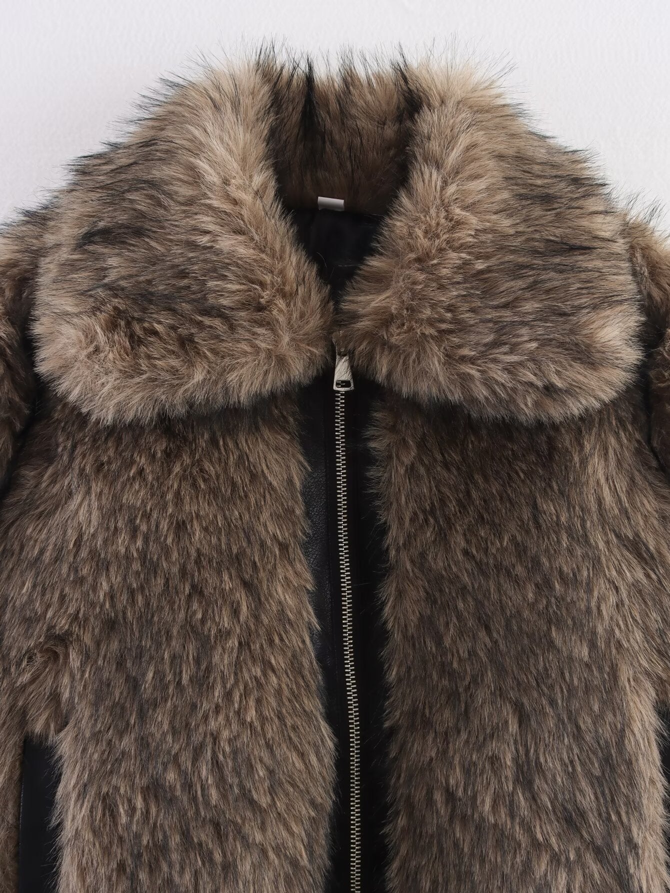 Women's 2025 new fashion contrasting Fur Faux Leather jacket Coat