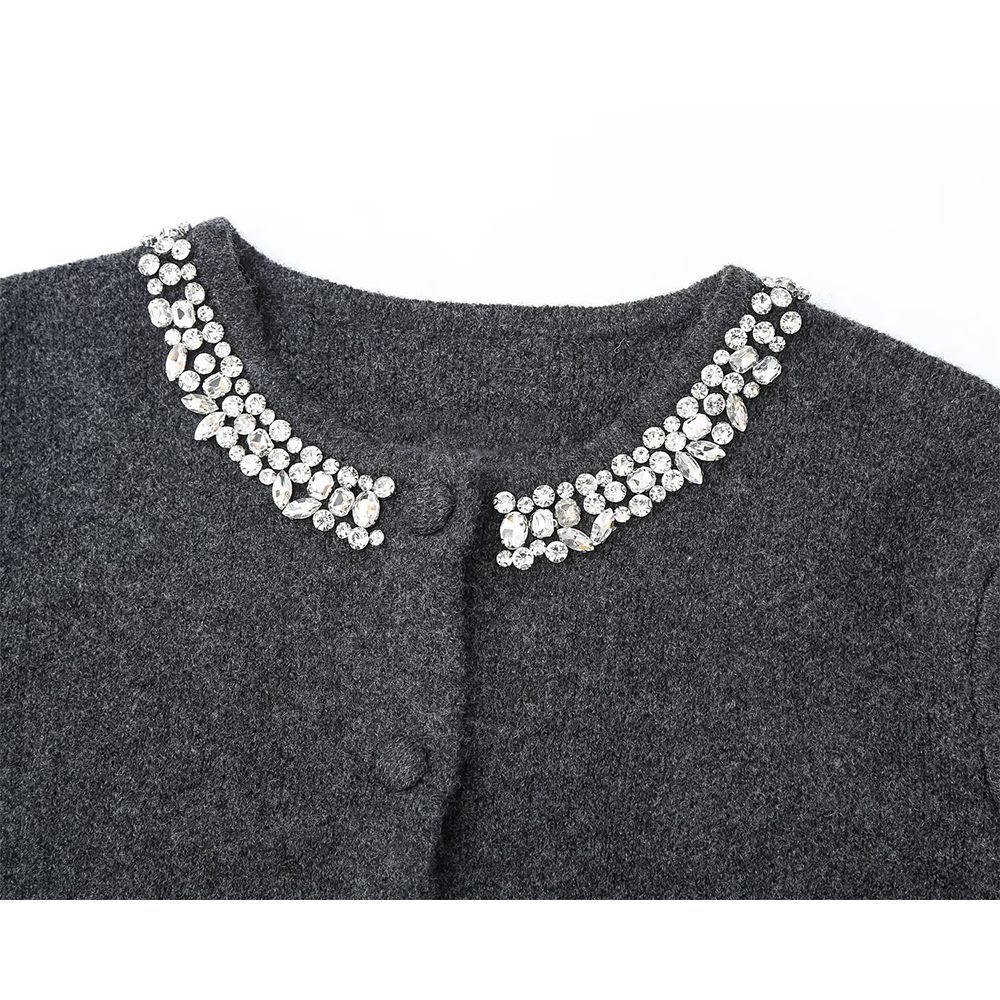 Women's bead decoration round neck knitted Coat