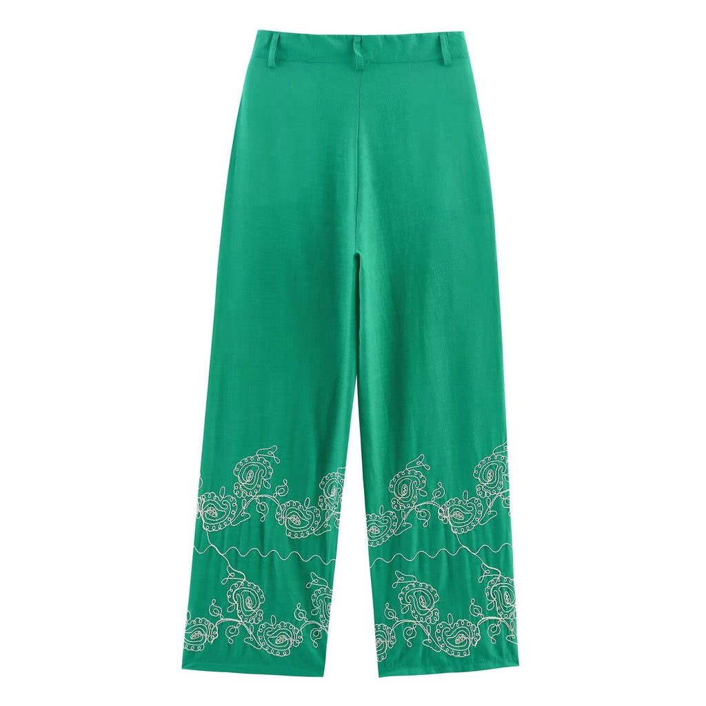Women's casual embroidered wide leg pants