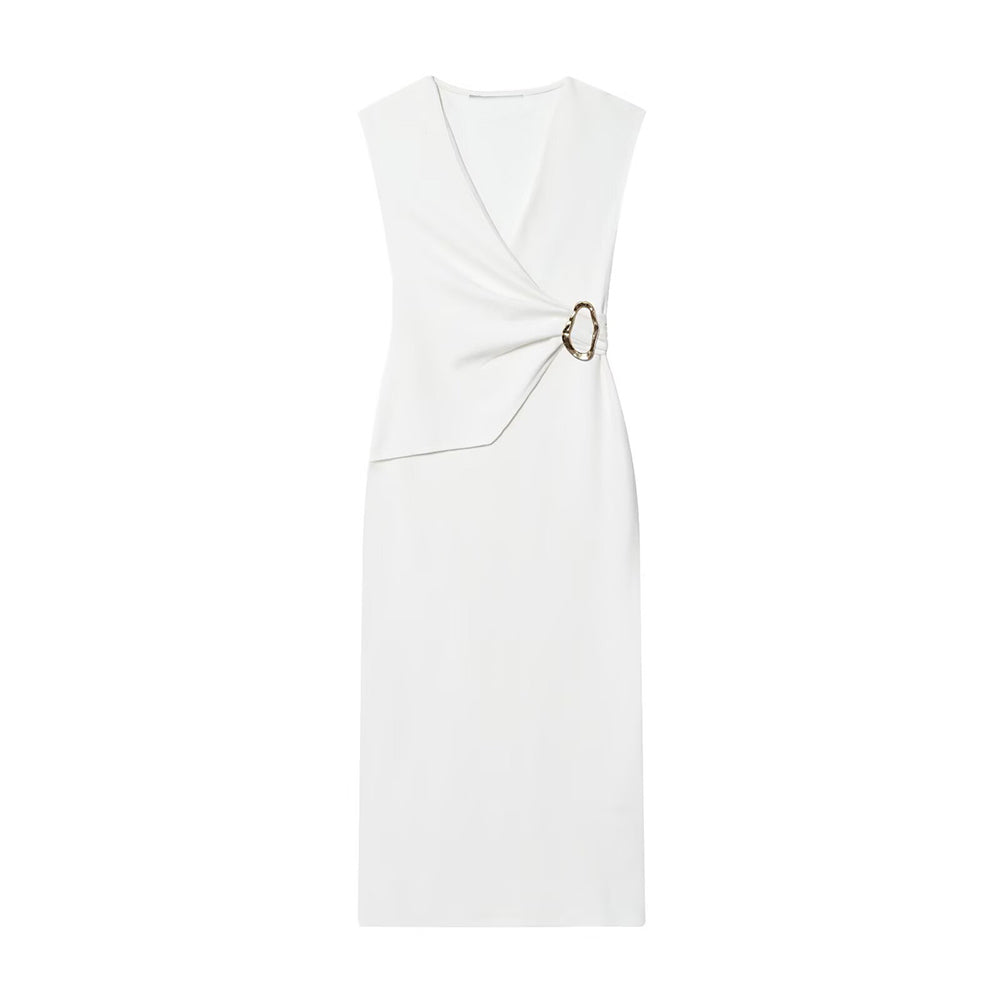Women's 2025 new fashion pleated V-neck Twill Midi dress