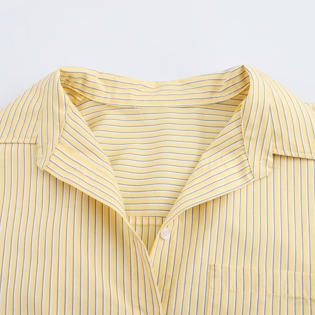 Women's 2025 new fashion pleated decoration loose single breasted striped shirt retro long sleeved pocket women's shirt chic top