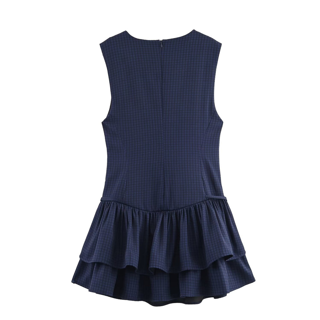 Women's new layered decoration sleeveless plaid mini dress