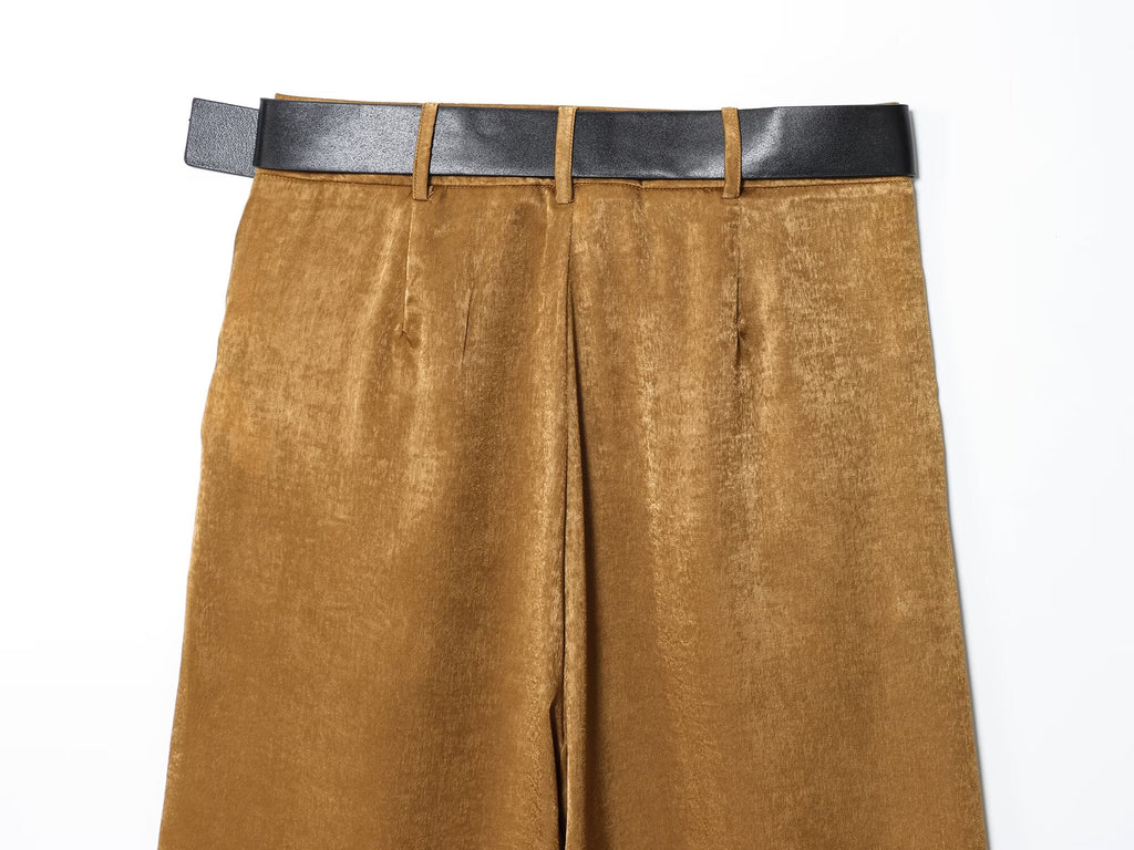 Women's with Belt loose satin textured wide leg pants