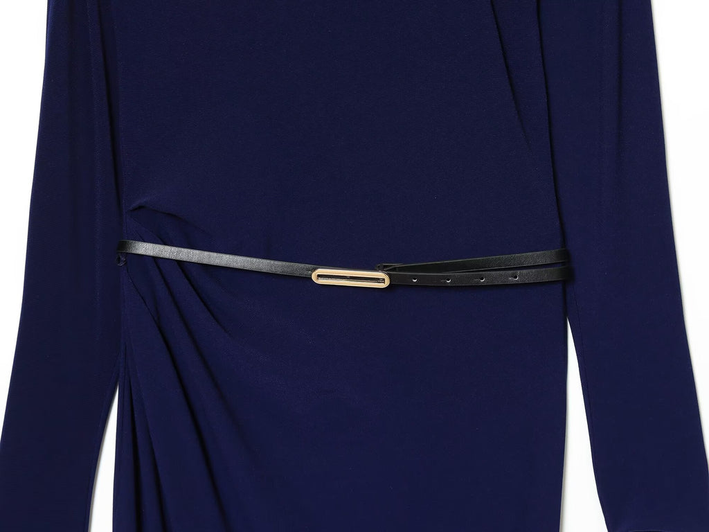 Women's New Fashion With Belt Long Sleeve Pleated Midi dress