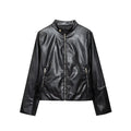 Women's new fashion black stand collar Faux Leather jacket Coat+Pants suit
