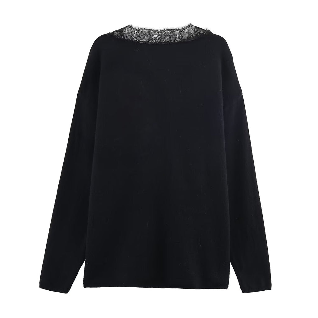 Women's lace decorated loose V-neck knitted sweater
