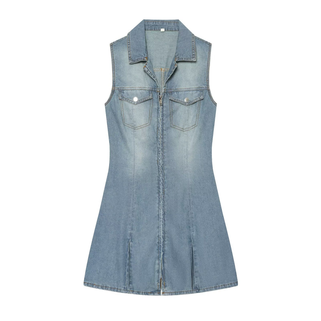 Women's sleeveless lapel denim dress