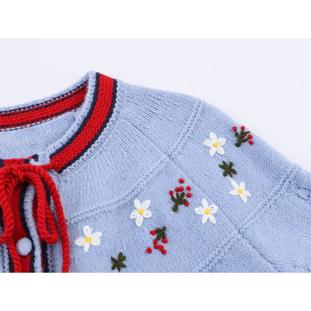 Women's embroidery decorative lace up knitted cardigan