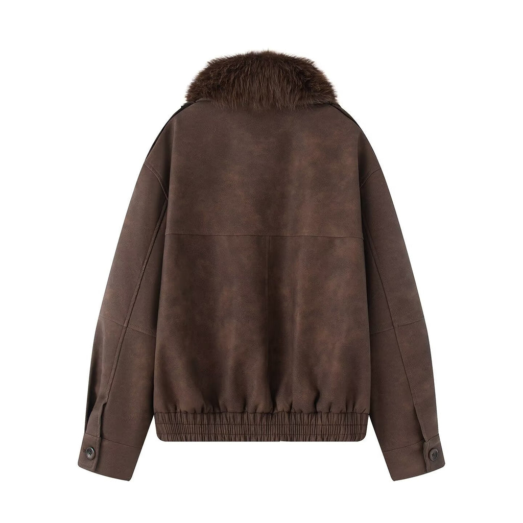 Women's detachable fur collar casual Anti suede effect jacket