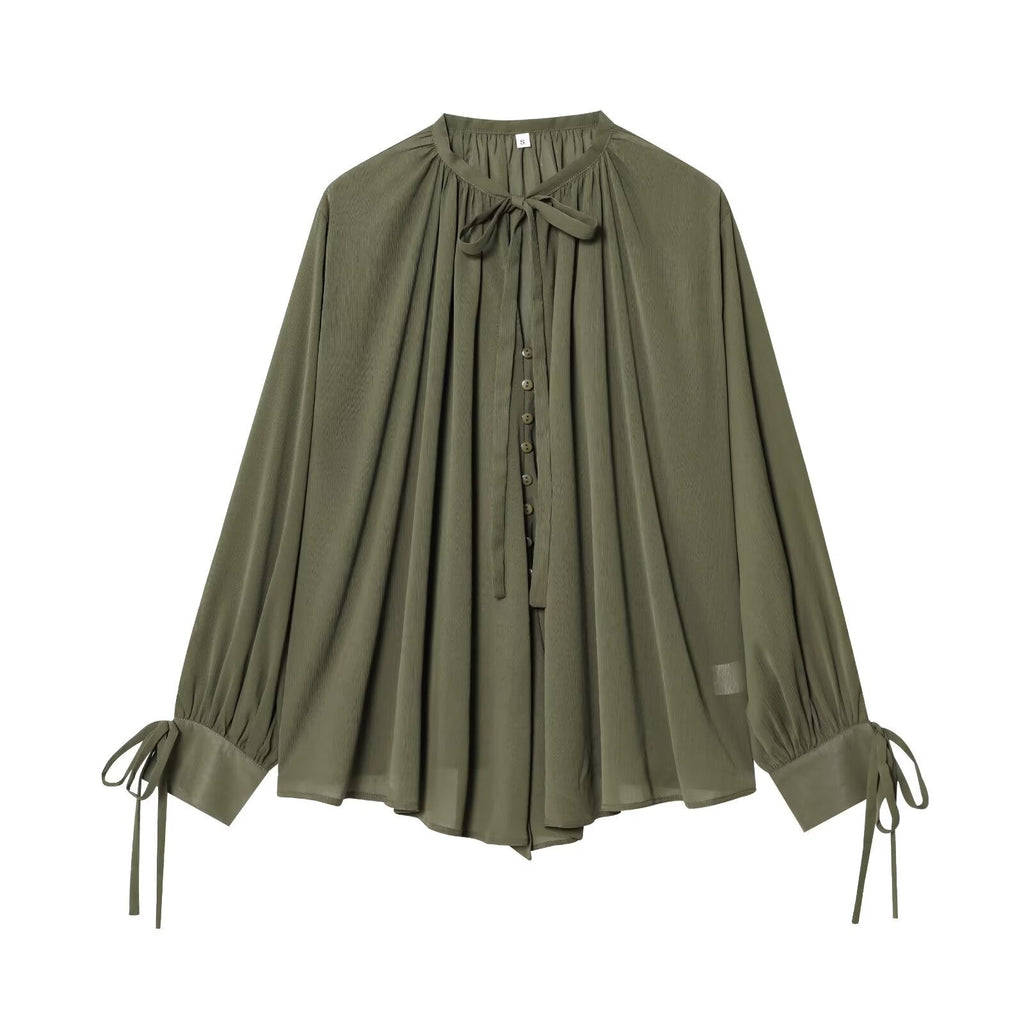 2025 Women's fashion bow Lace up decoration long sleeved pleated shirt