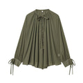 2025 Women's fashion bow Lace up decoration long sleeved pleated shirt