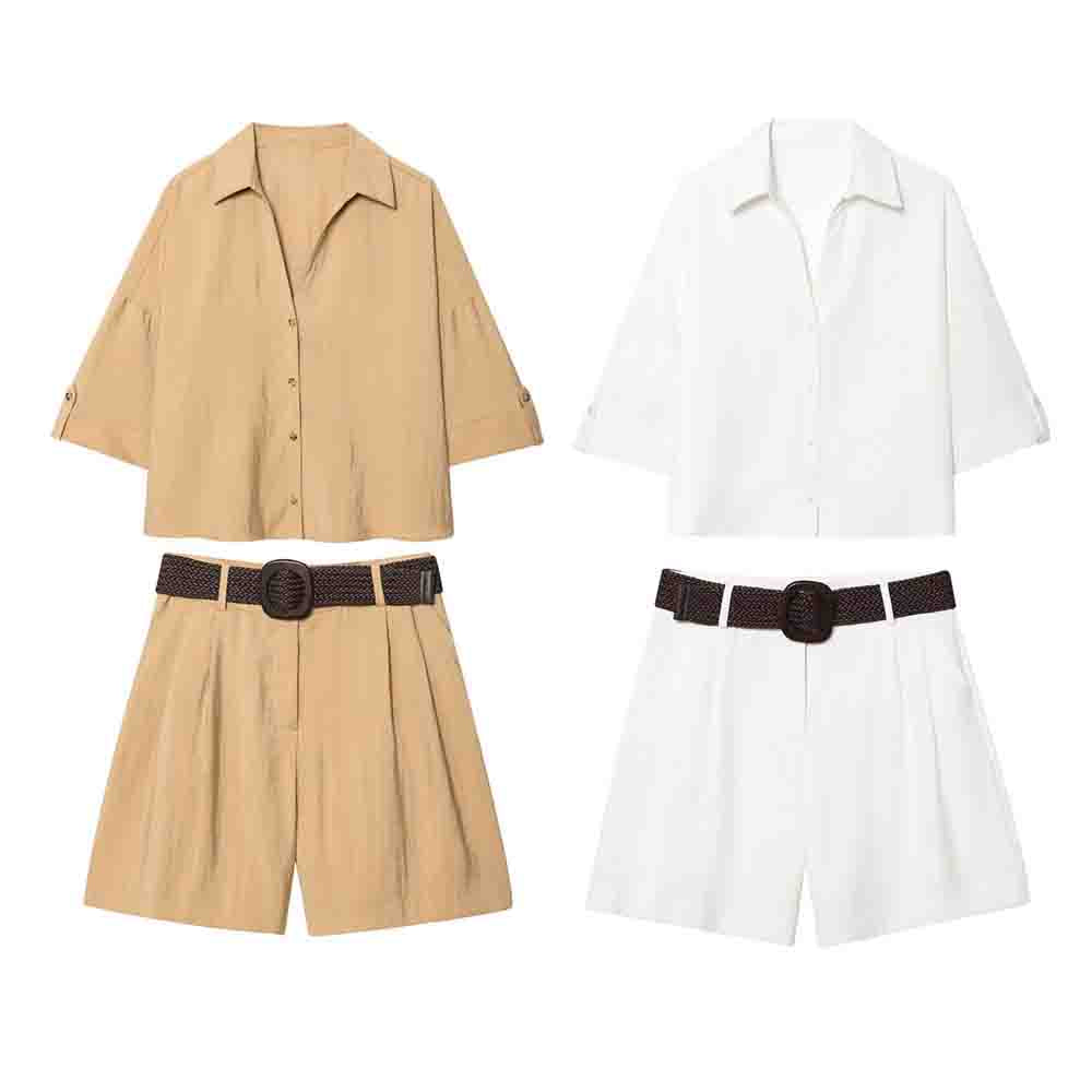 Women's new fashion loose single breasted short sleeved shirt+Shorts Women's suit
