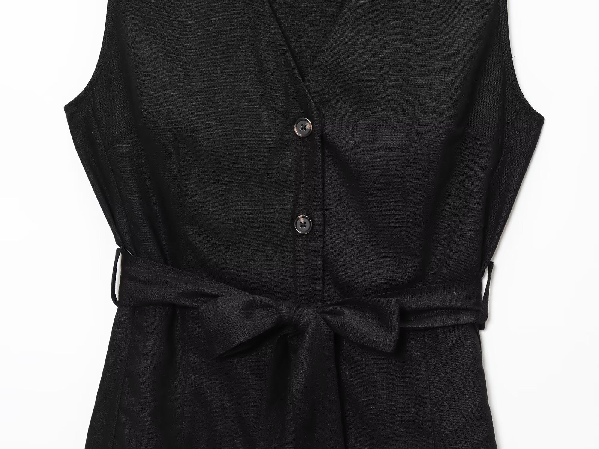 Women's New Fashion With Belt Sleeveless V-neck Linen Blended Midi Dress