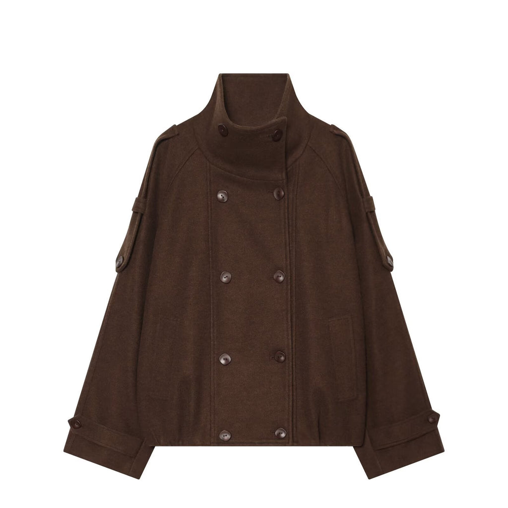 Women's standing collar double breasted woolen Coat