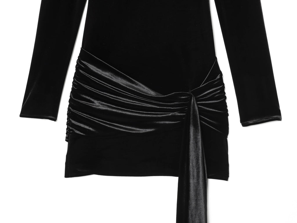 Women's belt decoration black slim velvet mini dress