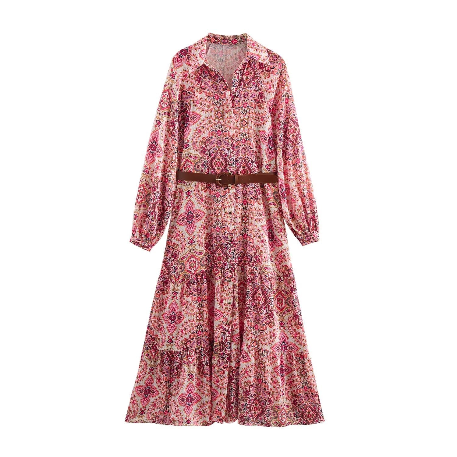 Women's new chic Fashion With Belt loose shirt style printed MIDI dress retro long sleeved button up women's dress Mujer