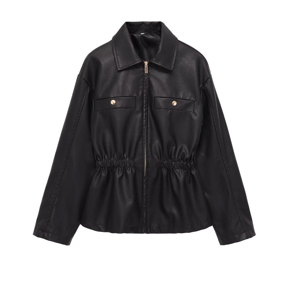 Women's elastic waist lapel Faux Leather jacket Coat