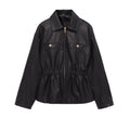 Women's elastic waist lapel Faux Leather jacket Coat