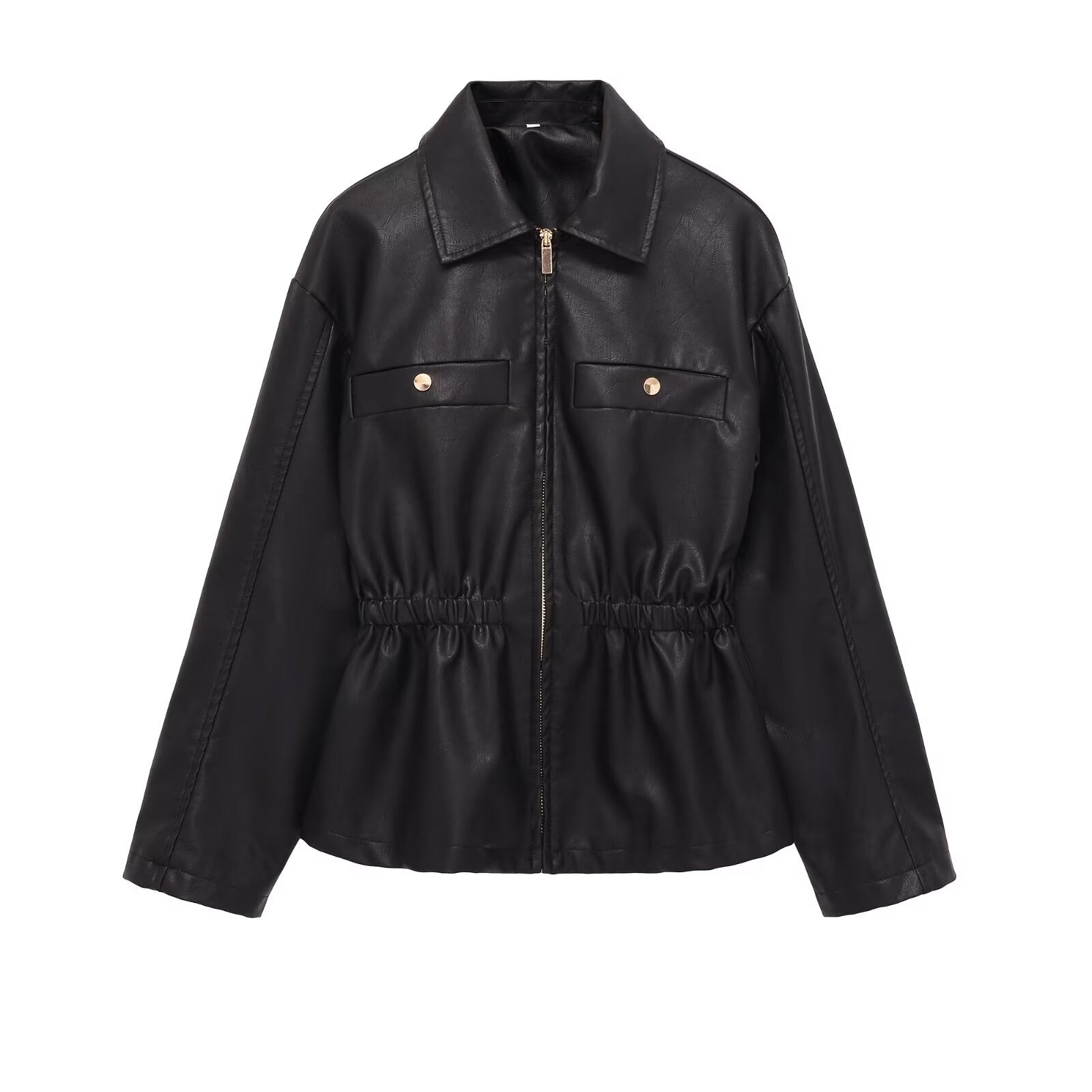 Women's elastic waist lapel Faux Leather jacket Coat
