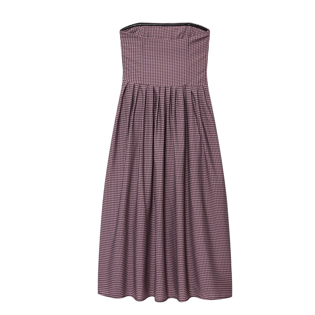 Women's new fashion pleated decorative plaid strapless MIDI dress