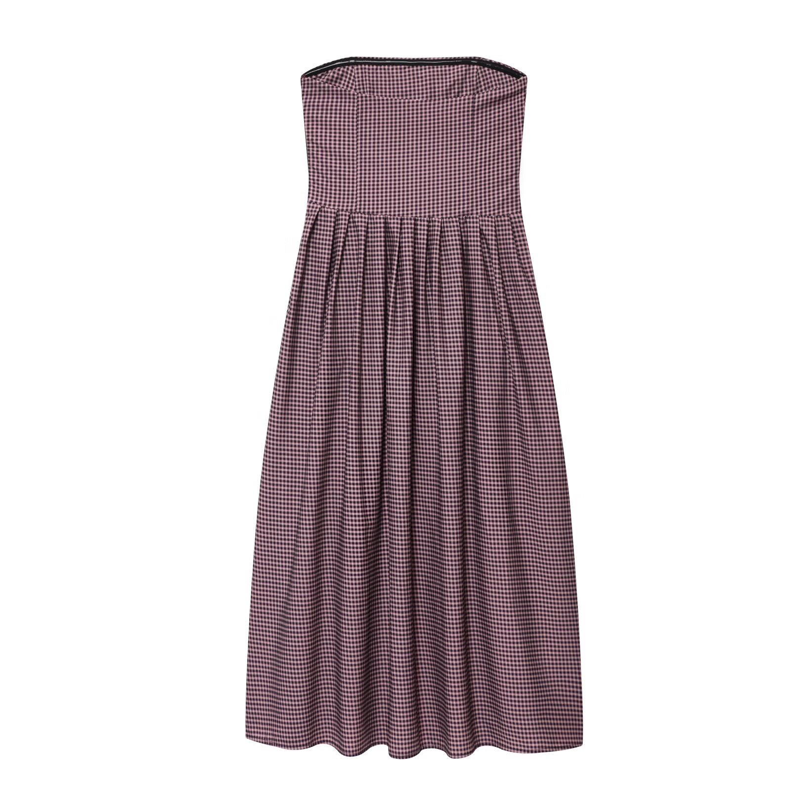 Women's new fashion pleated decorative plaid strapless MIDI dress