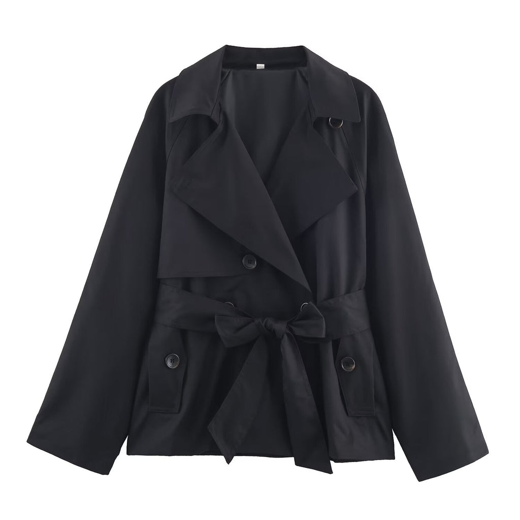 Women's New Fashion With Belt Short Double breasted Windbreaker Coat