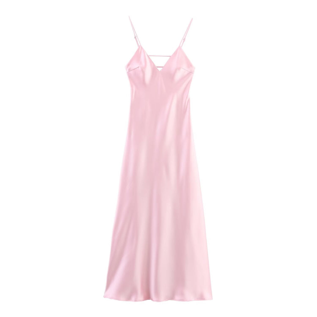 Women's summer chic Fashion multi colored satin texture suspender MIDI dress