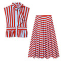 suit Women's 2 pieces bow decoration striped shirt+skirt