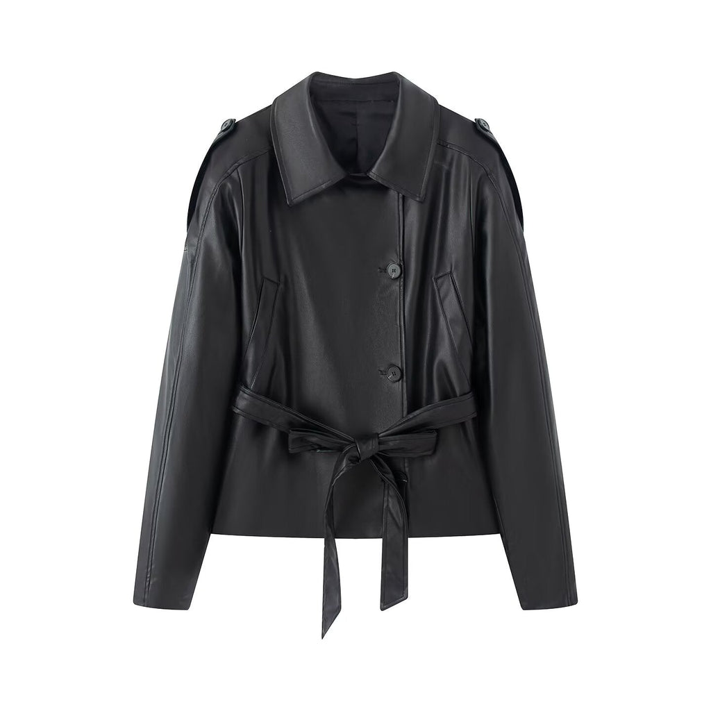 Women's with belt faux leather windbreaker Coat