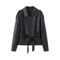 Women's with belt faux leather windbreaker Coat