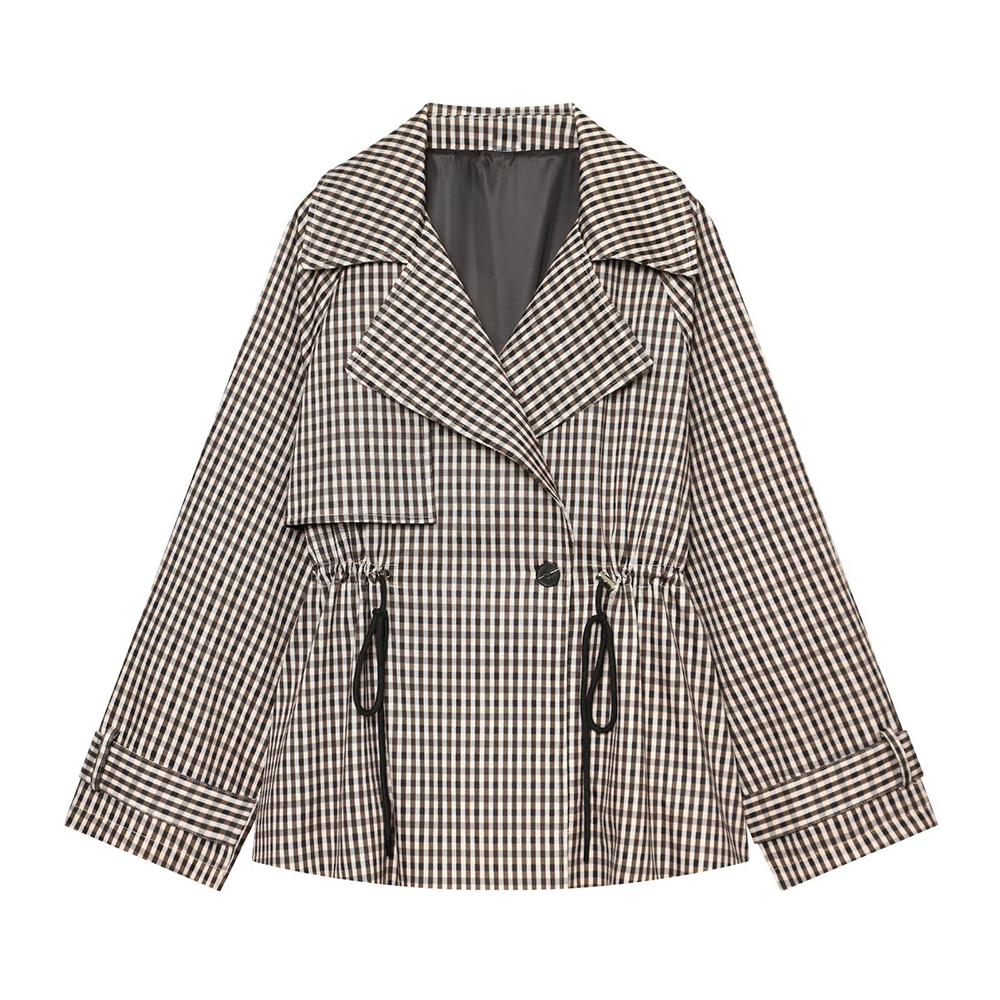 Women's with drawstring plaid windbreaker Coat