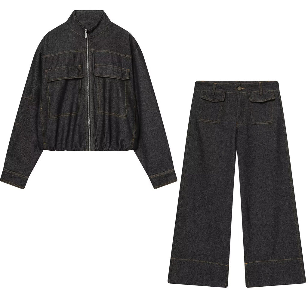 suit Women's 2 pieces standing collar quilted pilot jacket Coat+ jeans