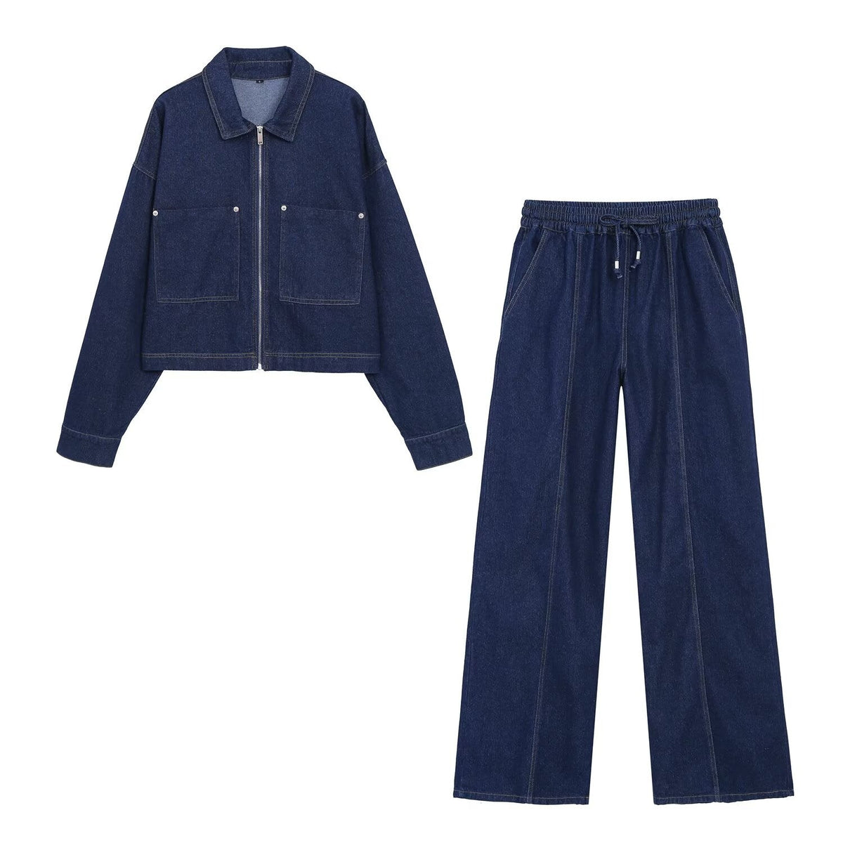 suit Women's 2 pieces short zipper denim jacket+wide leg jeans