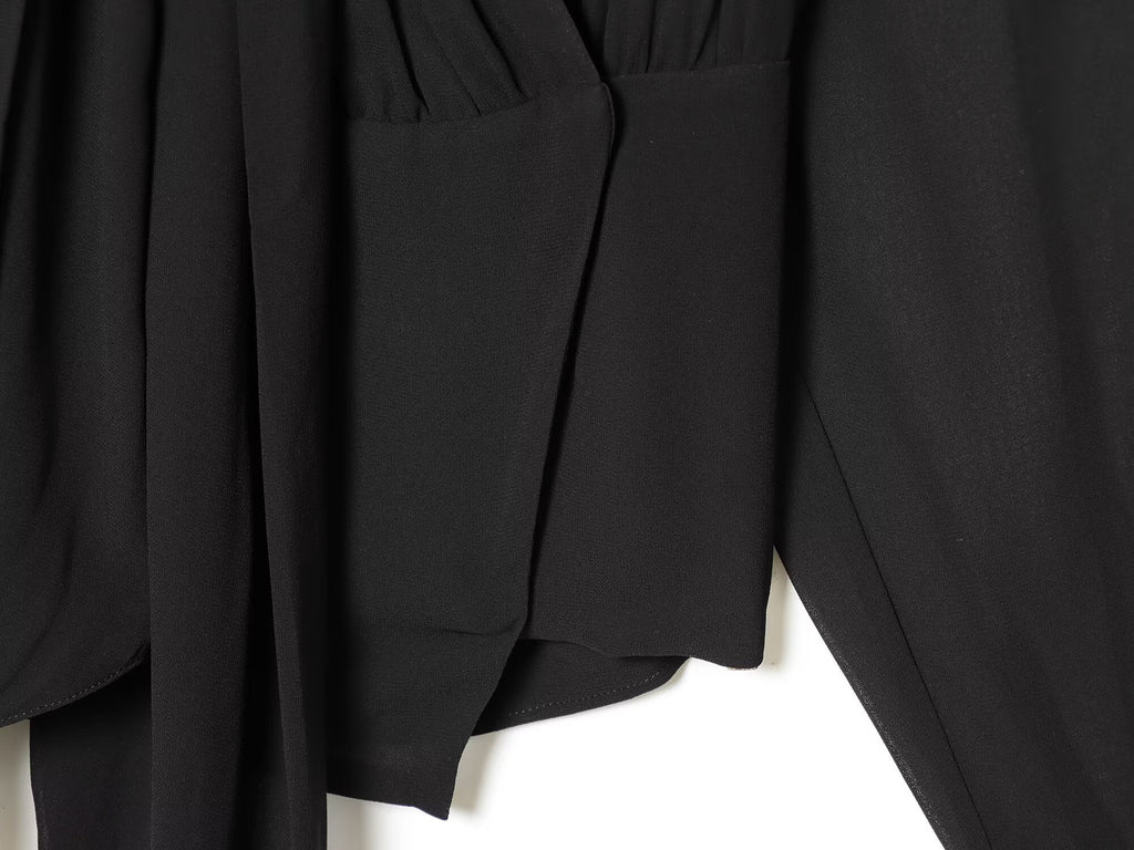 Women's tie decoration pleated chiffon top