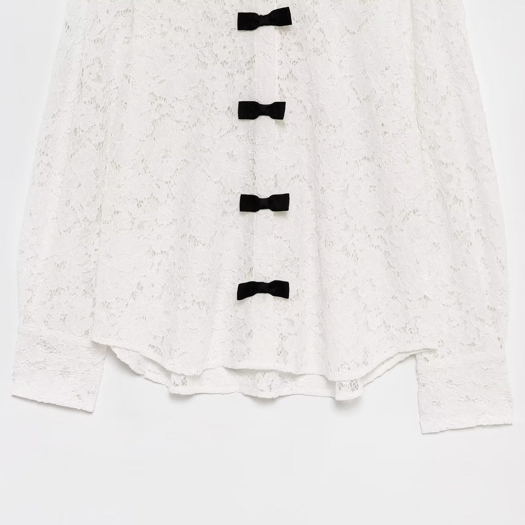 Women's bow decoration casual lapel lace shirt