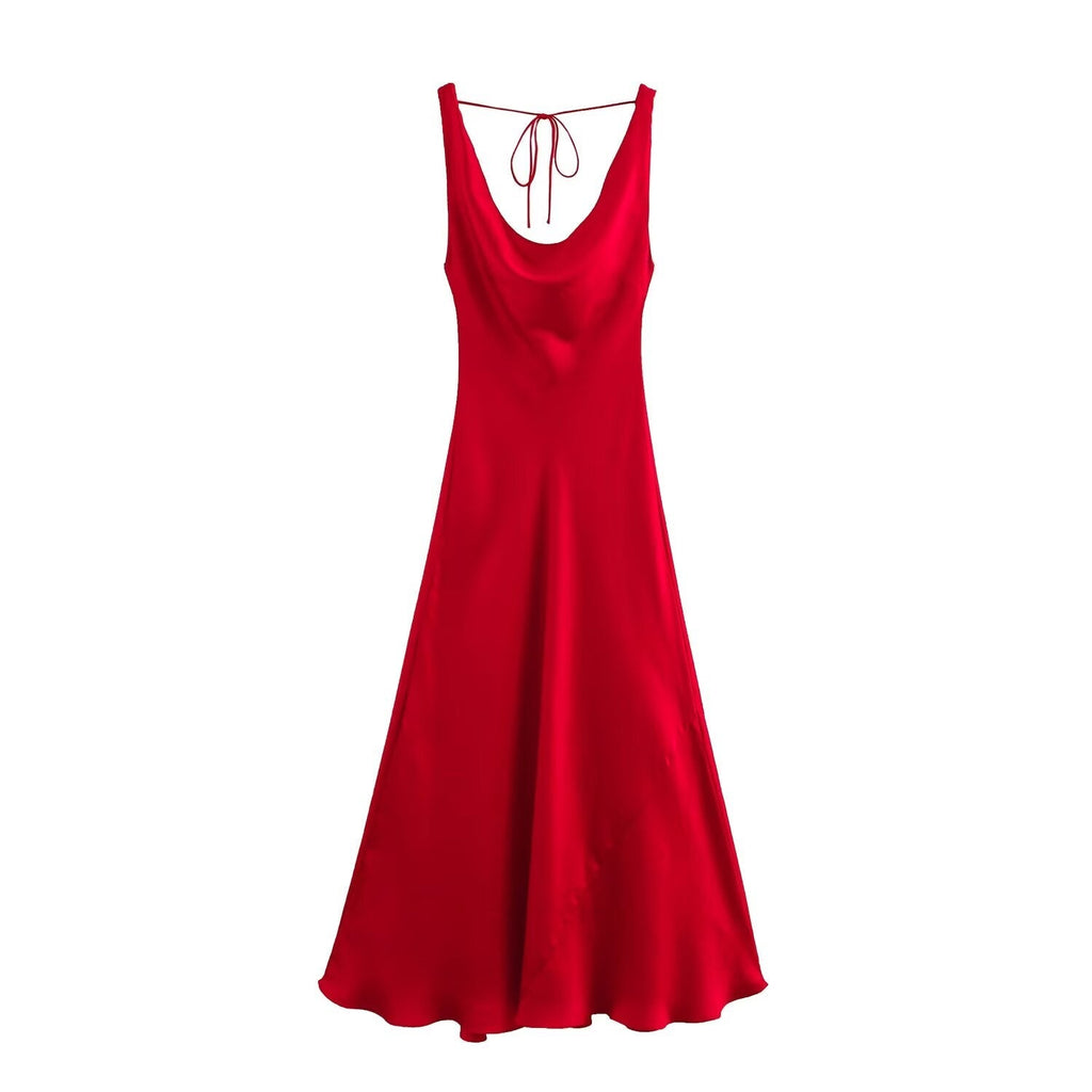 Women's new Fashion pleated decoration sexy slim fit satin texture backless Midi dress retro sleeveless lace up women's dress Mujer