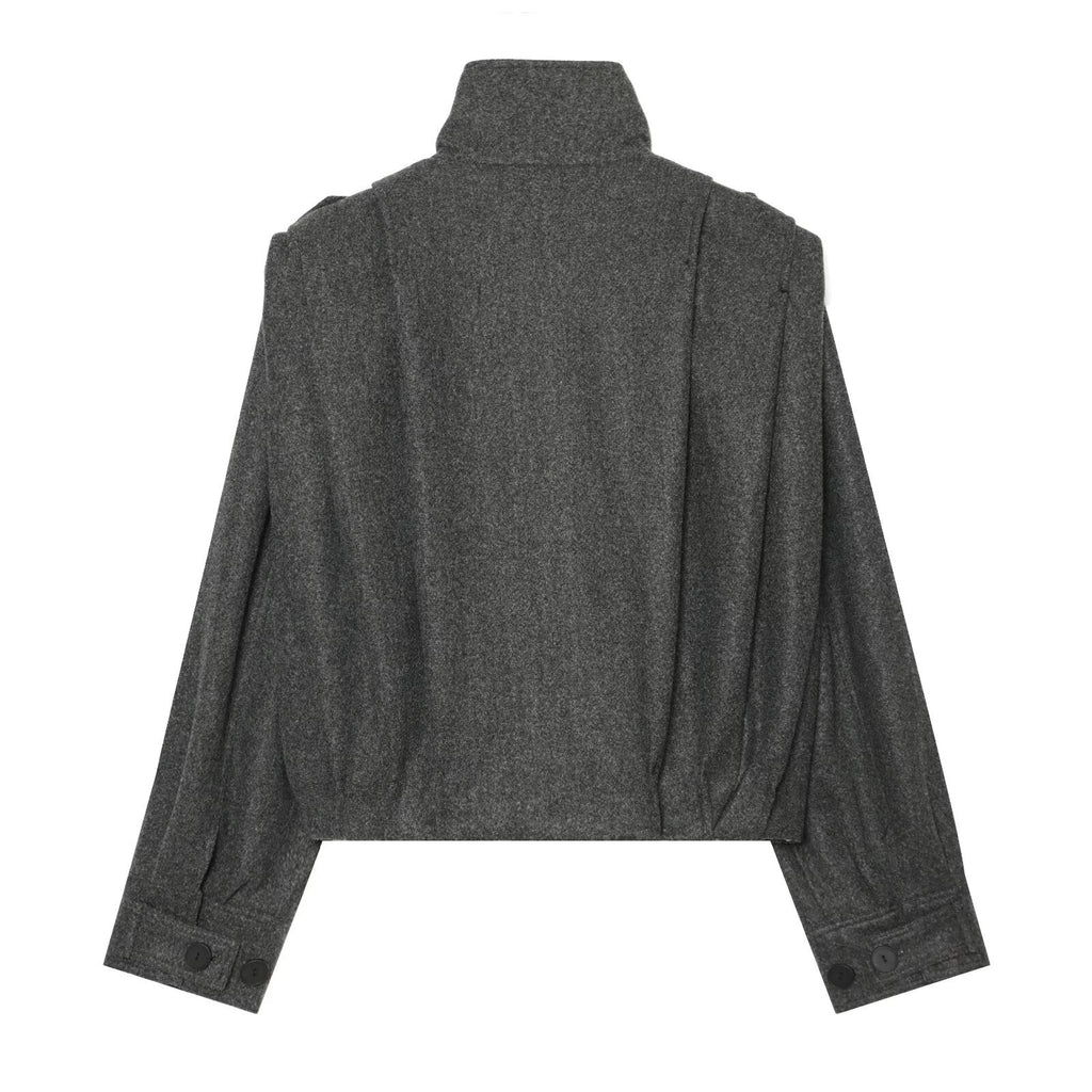 Women's pleated design standing collar woolen coat