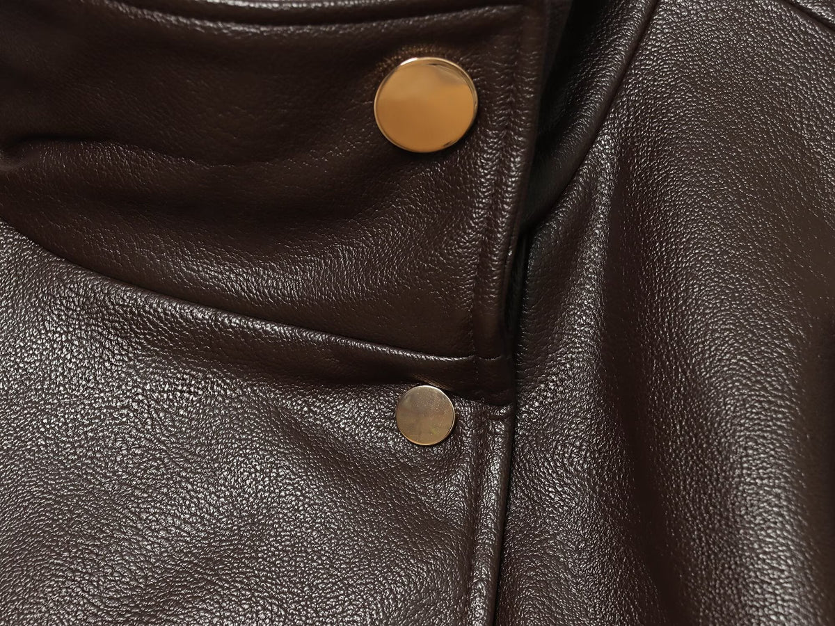 Women's leather effect standing collar pilot jacket Coat