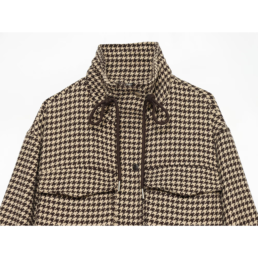 Women's with drawstring retro checkered short Coat
