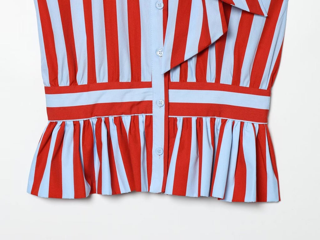 suit Women's 2 pieces bow decoration striped shirt+skirt