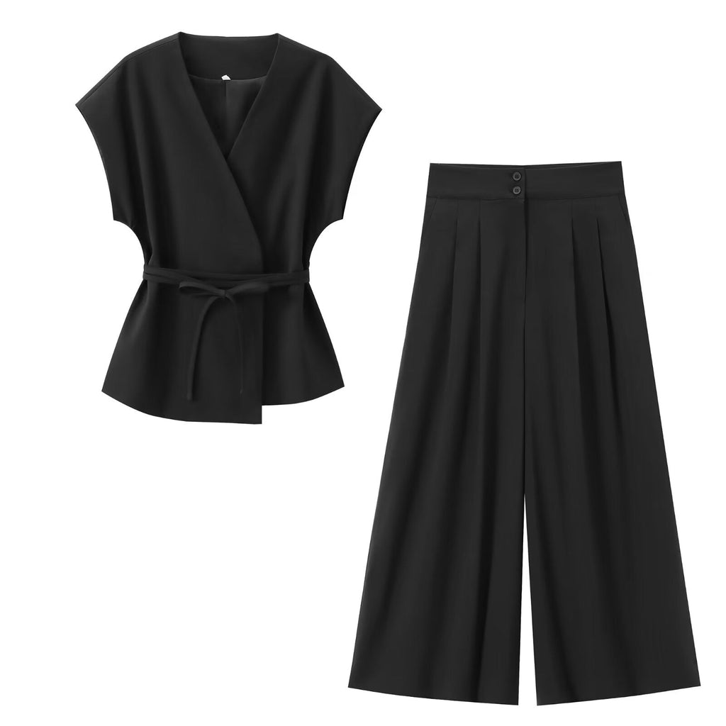 Women's new fashion with Belt casual linen blend V-neck vest+Pants suit
