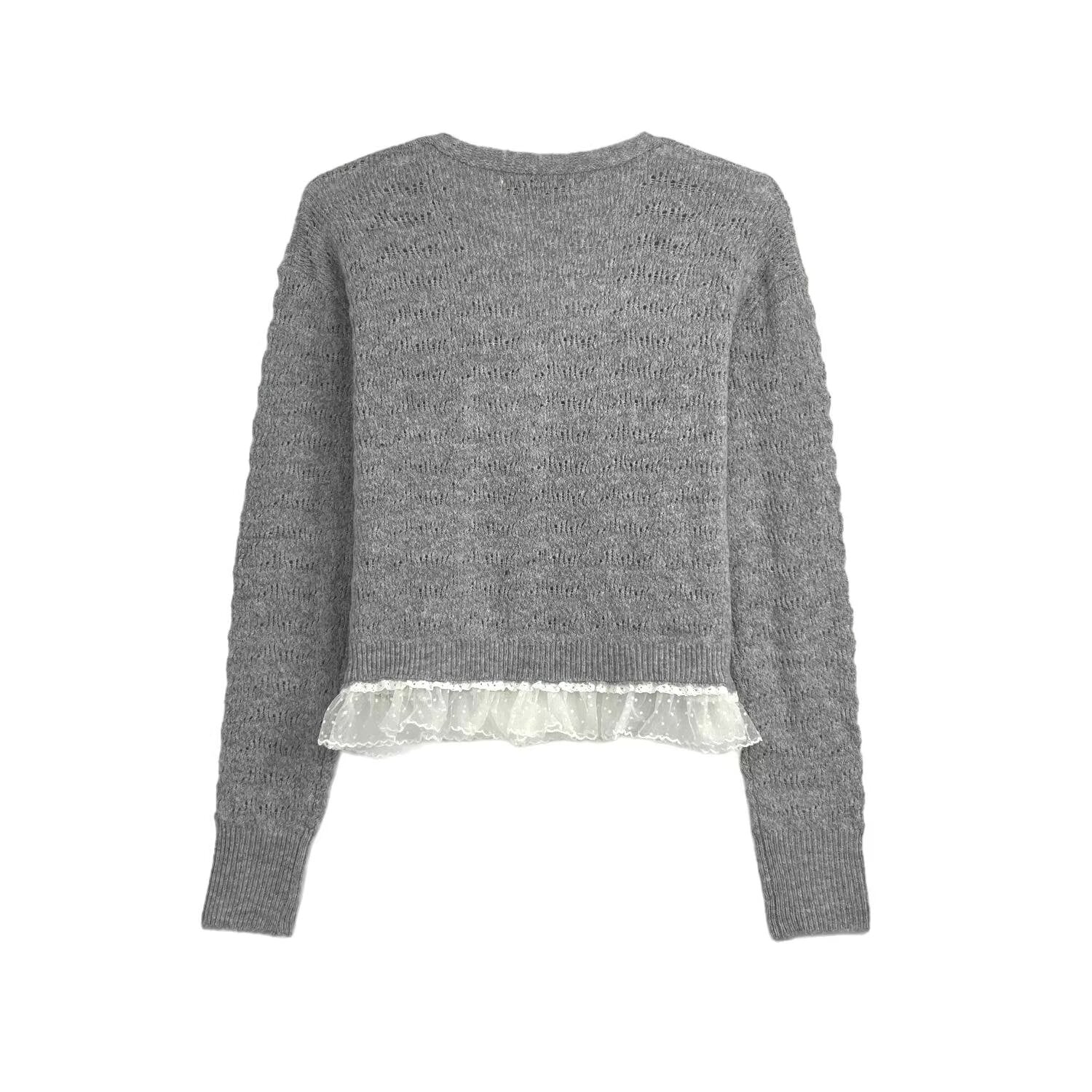 Women's new fashion lace patchwork V-neck knitted cardigan