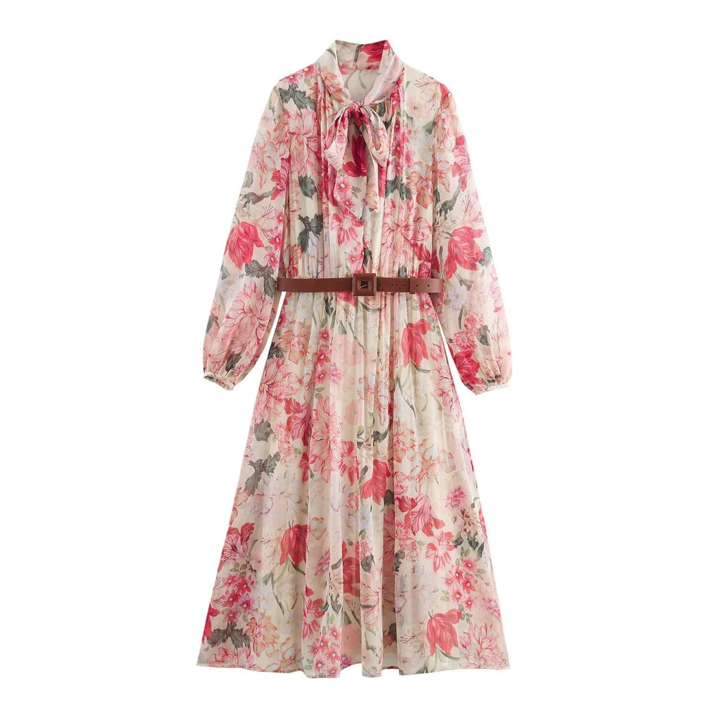 Women's new chic Fashion with Belt bow tie decoration loose flower print MIDI dress retro long sleeved women's dress Mujer